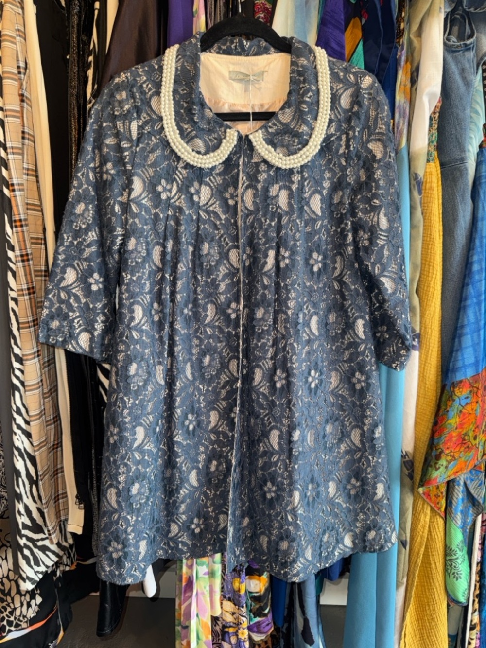 Blue Lace Pea Coat with Pearl-Trim Collar